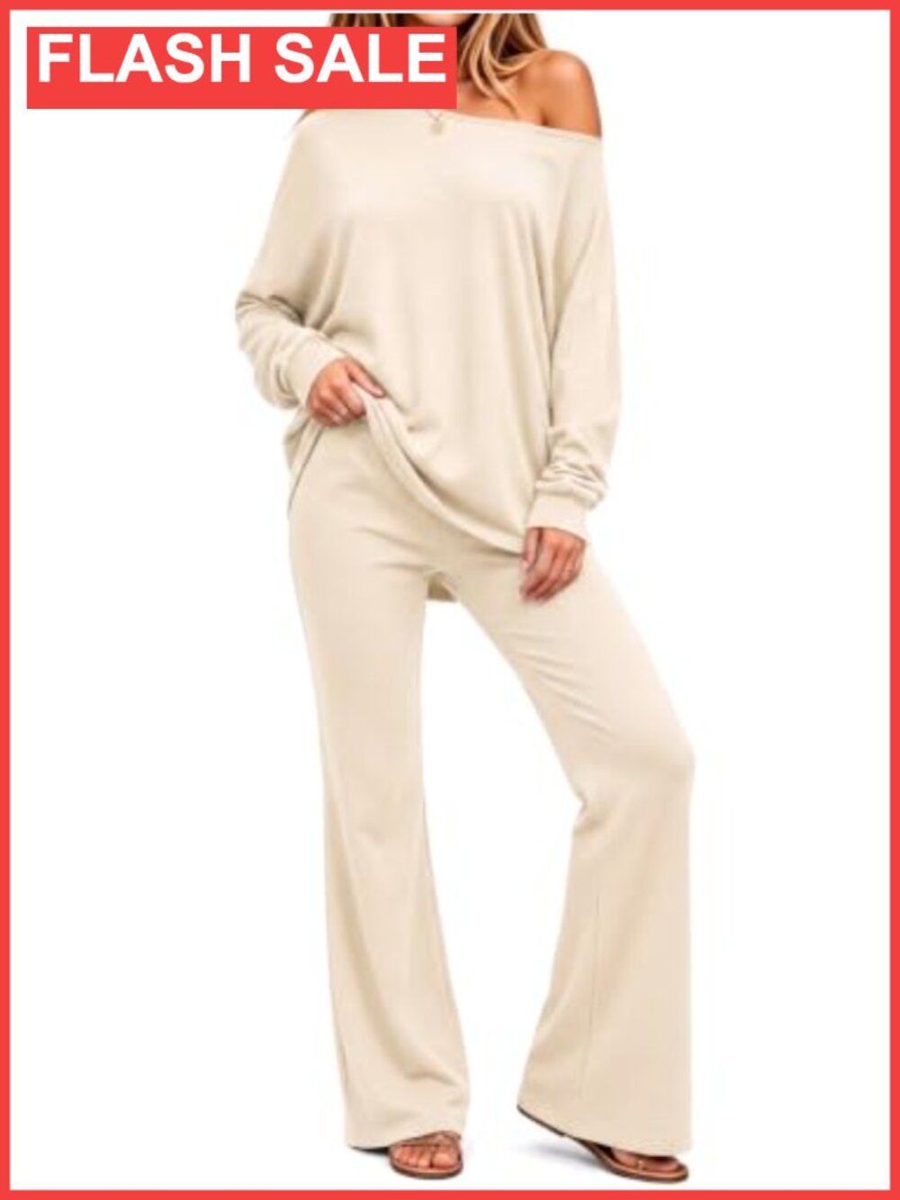 Womens 2 Piece Lounge Set Off Shoulder Long Sleeve Top Flared Pants